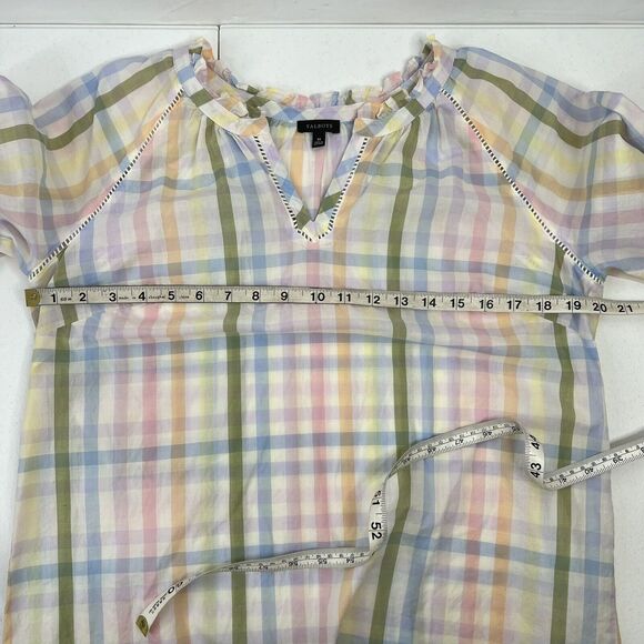 Talbots Size M Ruffle Tunic Top Rainbow Plaid Lightweight Ladder Trim Split Neck - Picture 12 of 13